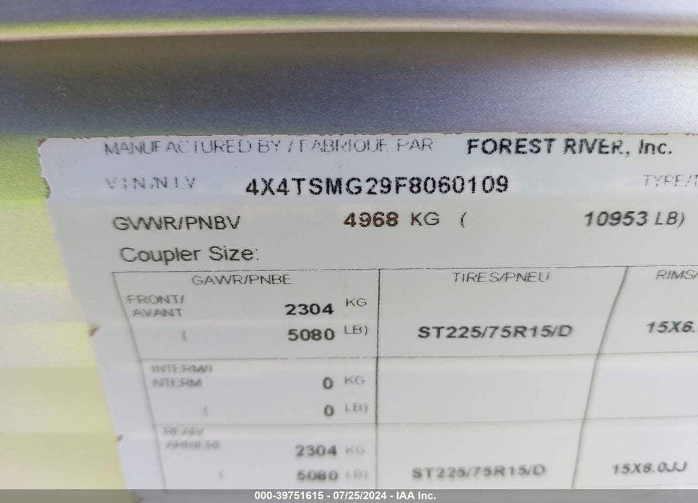 2015 FOREST RIVER OTHER VIN: 4X4TSMG29F8060109