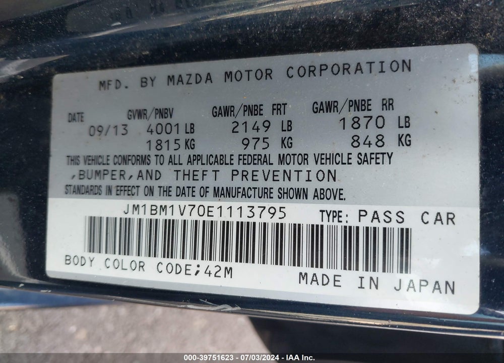 2014 MAZDA 3 I TOURING VIN: JM1BM1V70E1113795