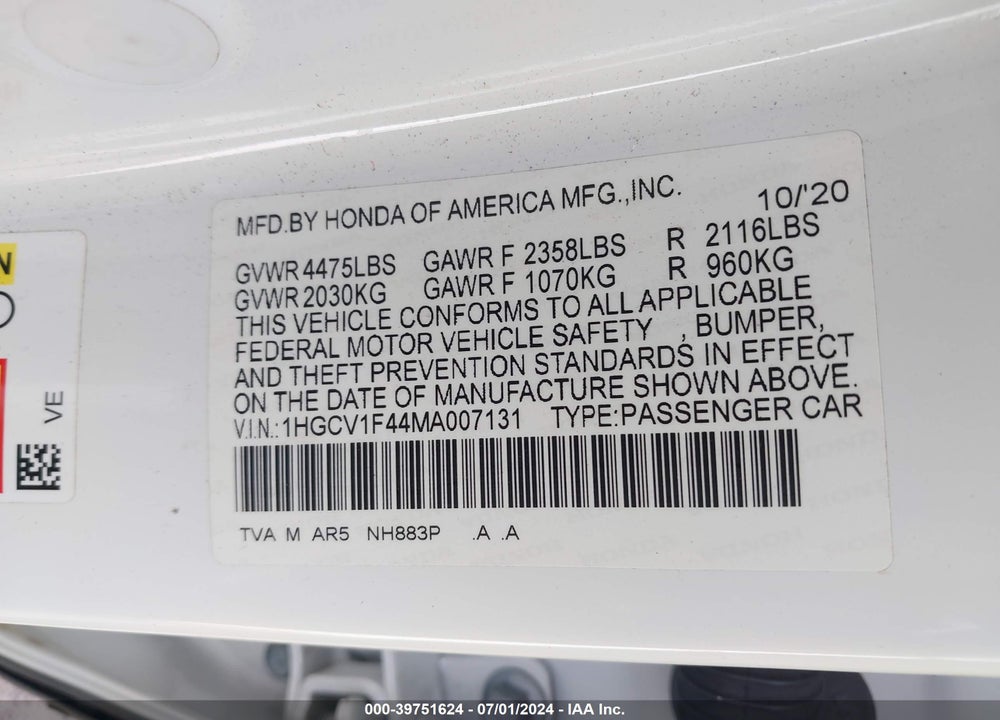 2021 HONDA ACCORD SPORT SPECIAL EDITION VIN: 1HGCV1F44MA007131
