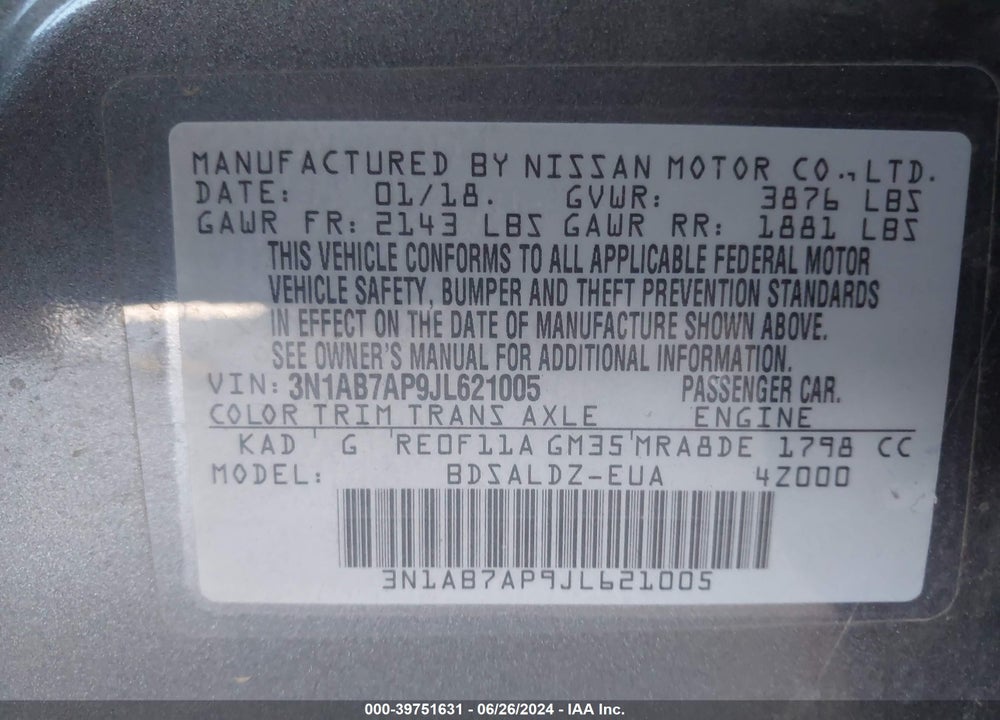 2018 NISSAN SENTRA SV VIN: 3N1AB7AP9JL621005