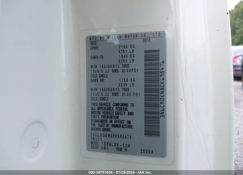 2014 NISSAN NV200 S VIN: 3N6CM0KN8EK698476