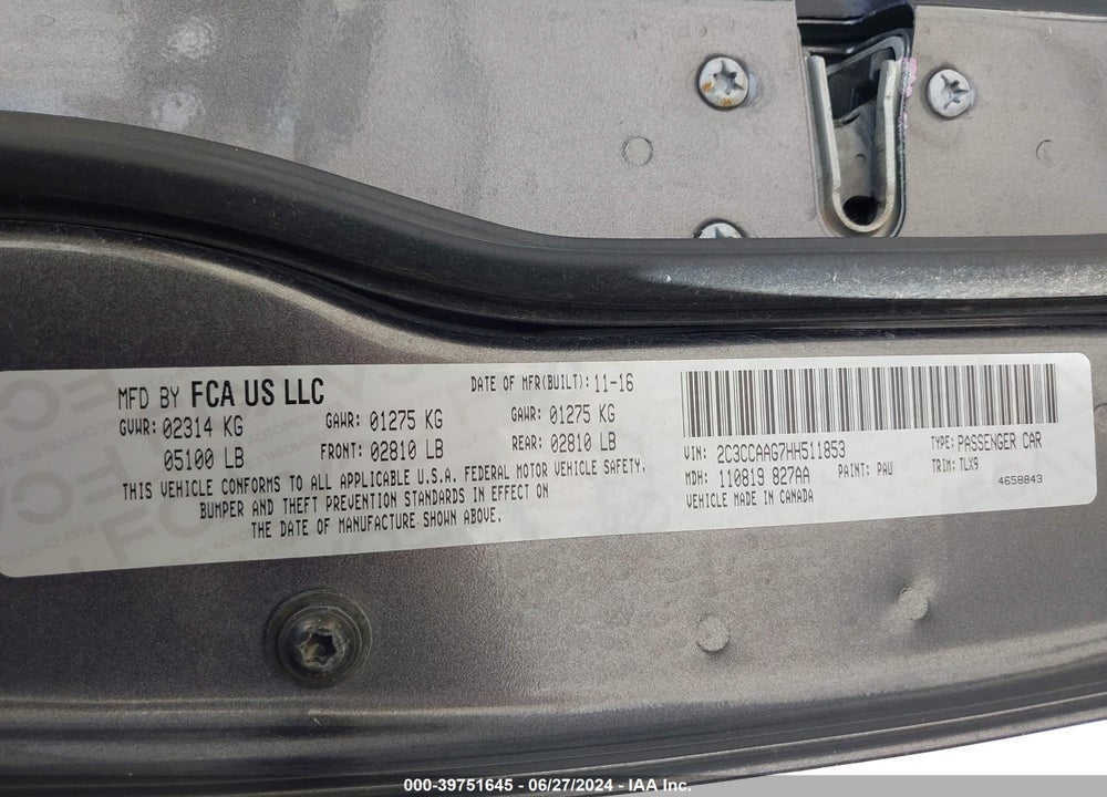 2017 CHRYSLER 300 VIN: 2C3CCAAG7HH511853