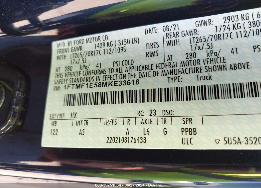 2021 FORD F-150 XL VIN: 1FTMF1E58MKE33618