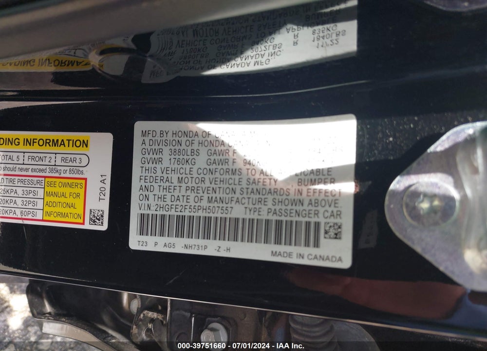2023 HONDA CIVIC SPORT VIN: 2HGFE2F55PH507557