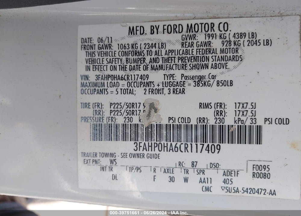 2012 FORD FUSION SE VIN: 3FAHP0HA6CR117409