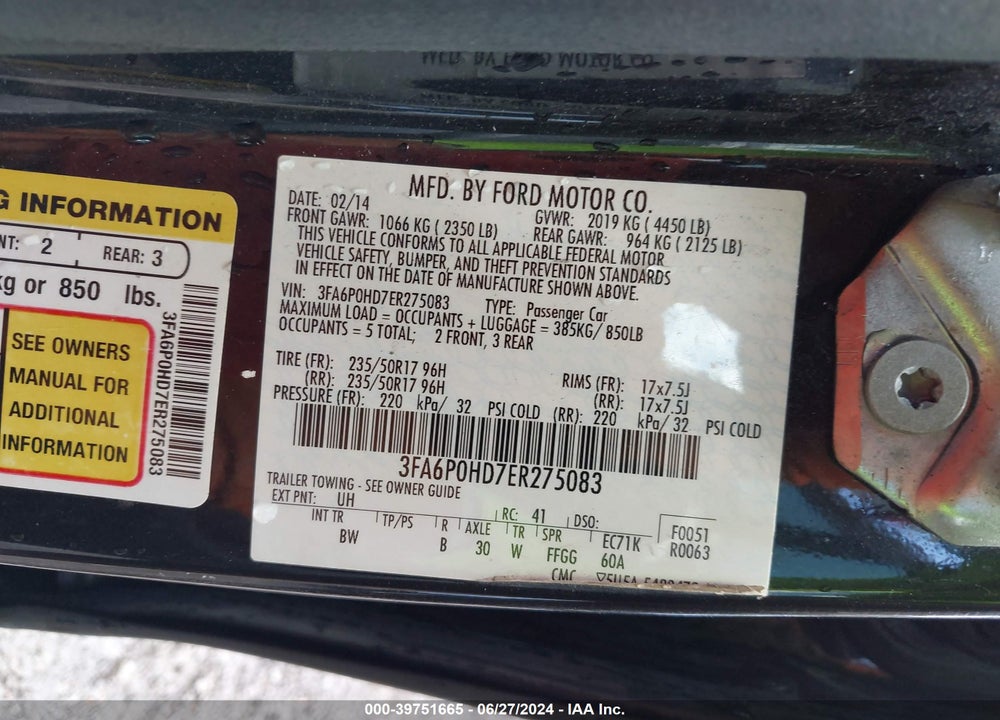 2014 FORD FUSION SE VIN: 3FA6P0HD7ER275083