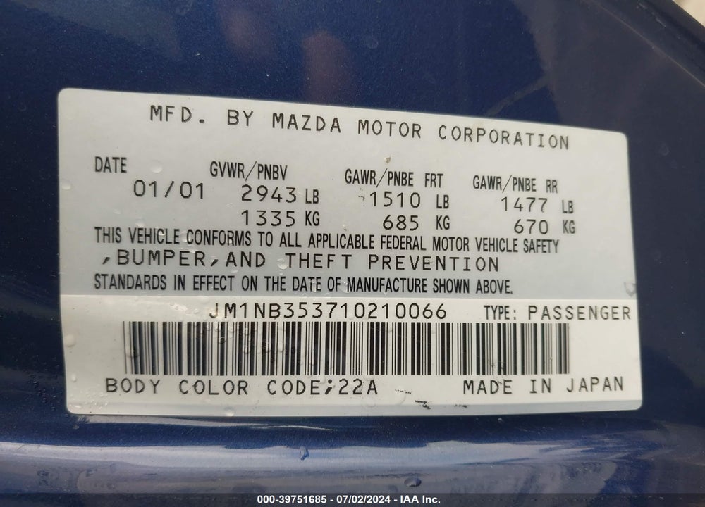 2001 MAZDA MX-5 MIATA LS/SPECIAL EDITION VIN: JM1NB353710210066