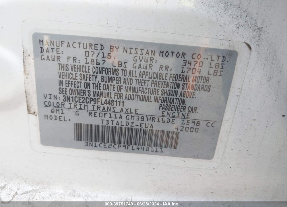 2015 NISSAN VERSA NOTE SV VIN: 3N1CE2CP9FL448111