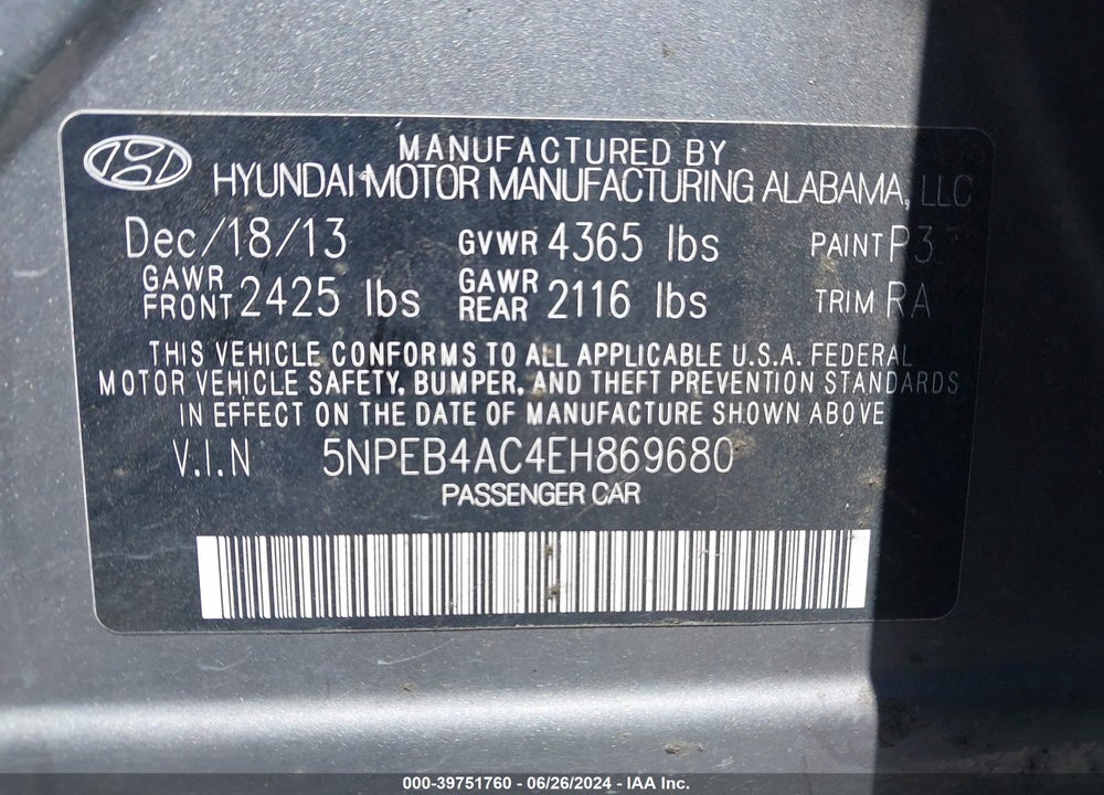 2014 HYUNDAI SONATA GLS VIN: 5NPEB4AC4EH869680
