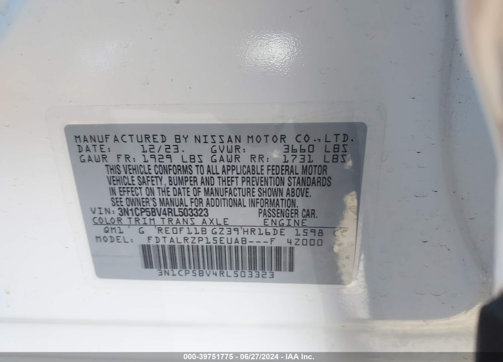 2024 NISSAN KICKS S XTRONIC CVT VIN: 3N1CP5BV4RL503323