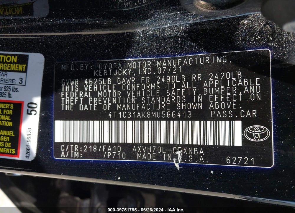 2021 TOYOTA CAMRY LE HYBRID VIN: 4T1C31AK8MU566413