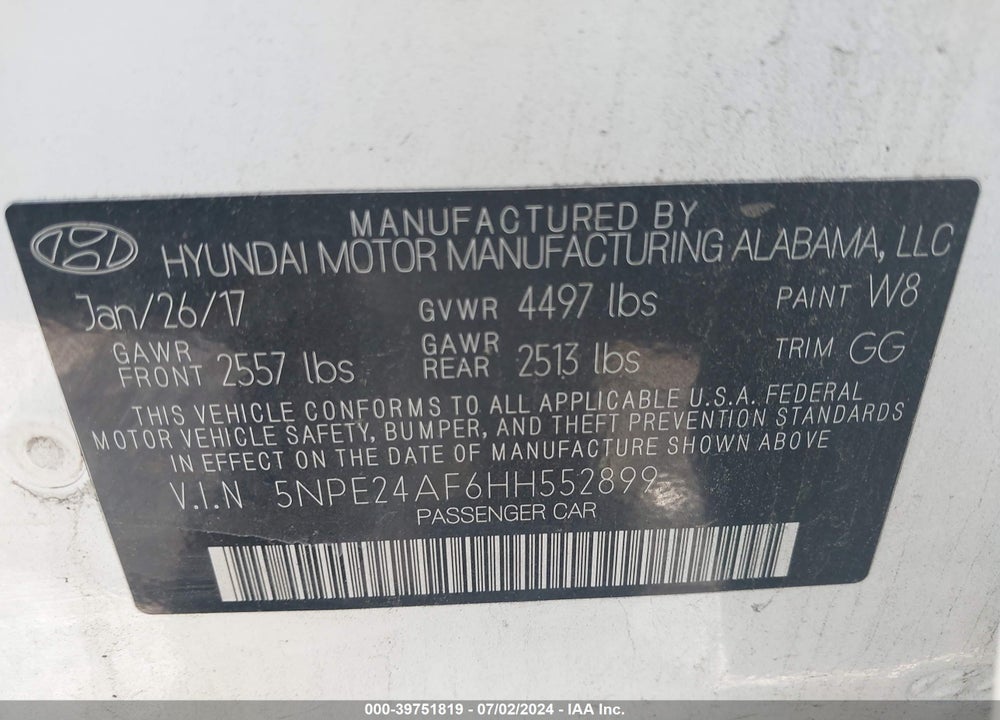 2017 HYUNDAI SONATA SE VIN: 5NPE24AF6HH552899