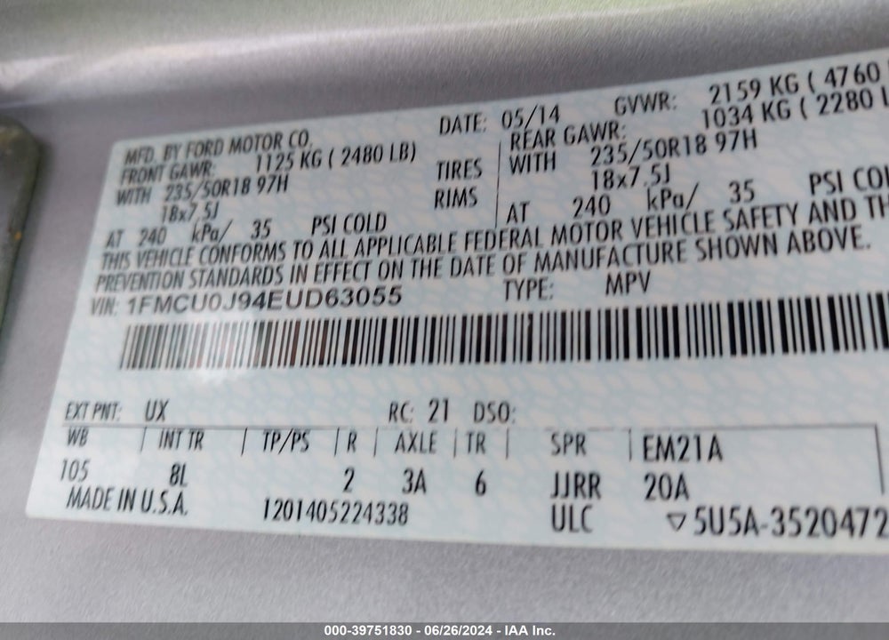 2014 FORD ESCAPE TITANIUM VIN: 1FMCU0J94EUD63055