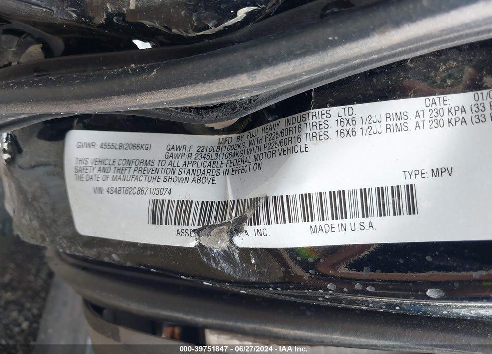 2006 SUBARU BAJA SPORT VIN: 4S4BT62C867103074