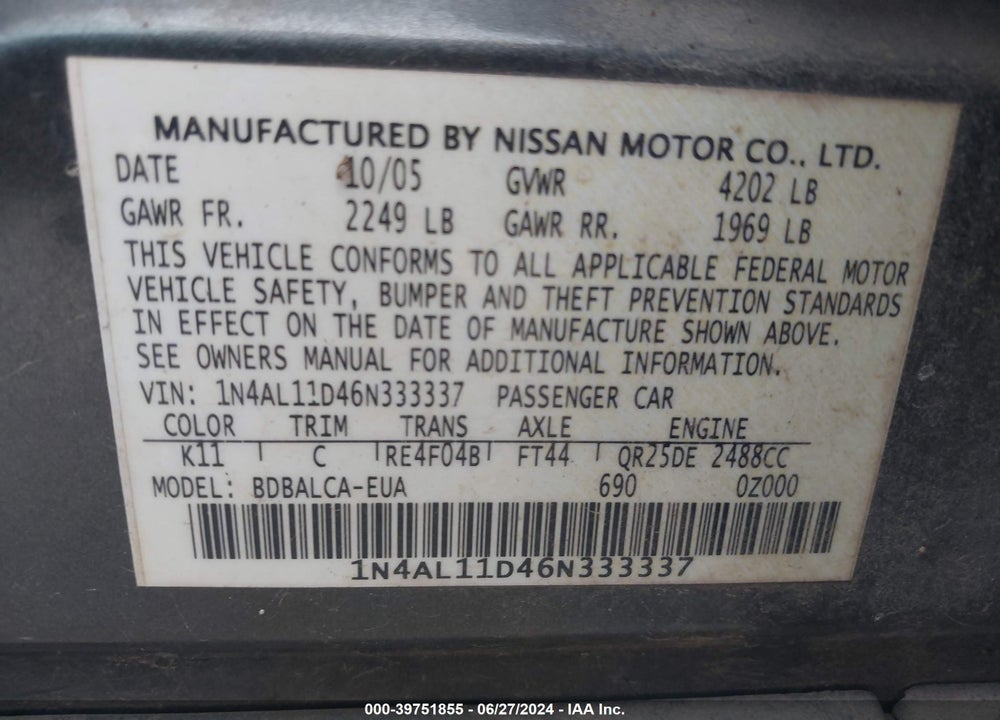 2006 NISSAN ALTIMA 2.5 S VIN: 1N4AL11D46N333337