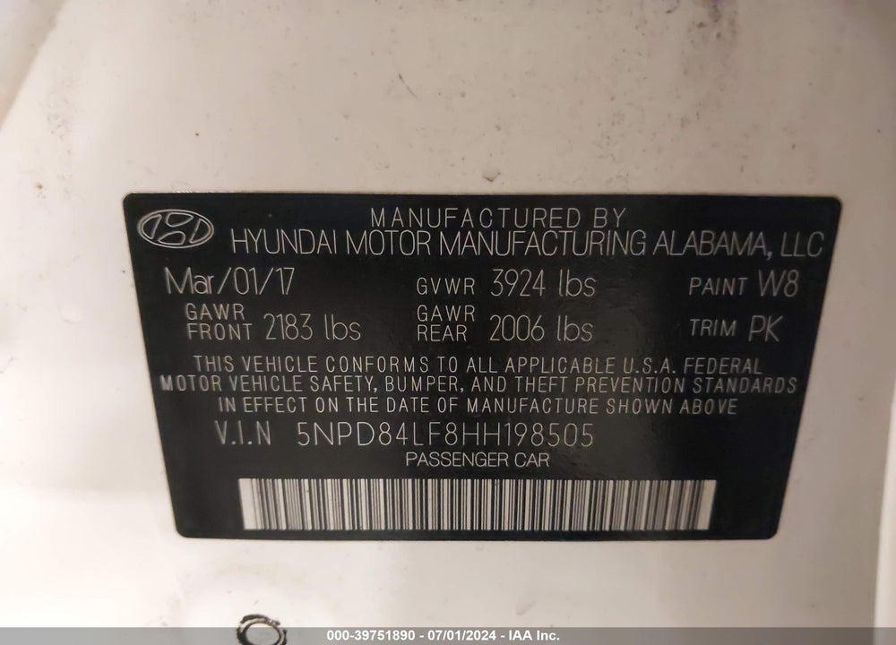 2017 HYUNDAI ELANTRA SE VIN: 5NPD84LF8HH198505