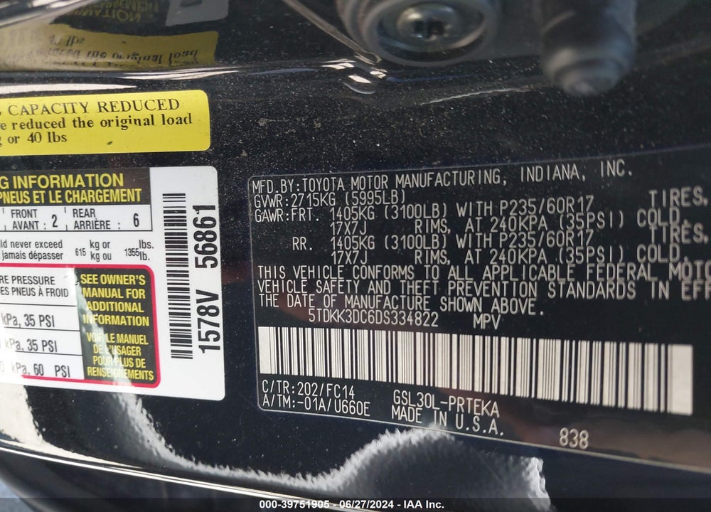 2013 TOYOTA SIENNA LE V6 8 PASSENGER VIN: 5TDKK3DC6DS334822
