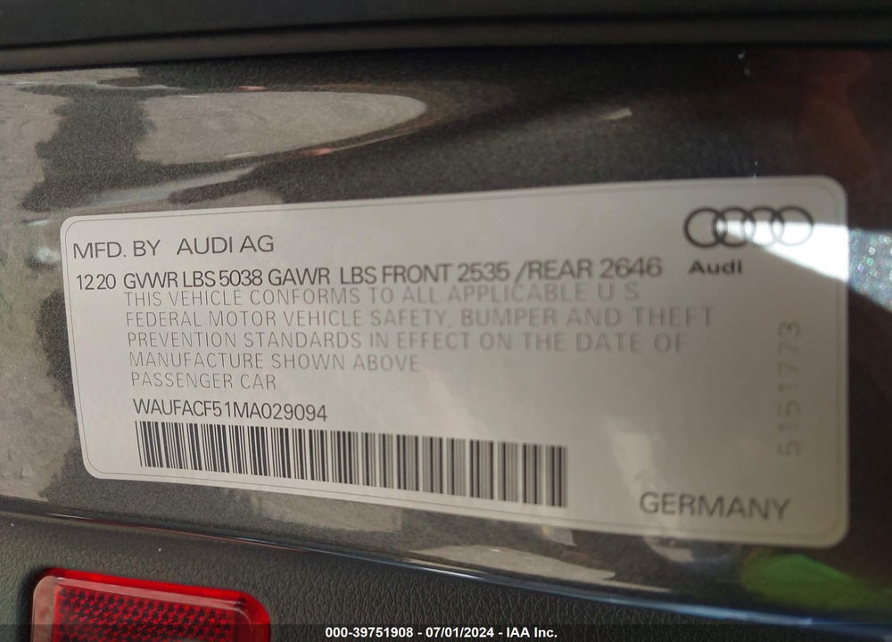 2021 AUDI A5 SPORTBACK PREMIUM PLUS 45 TFSI QUATTRO S TRONIC VIN: WAUFACF51MA029094