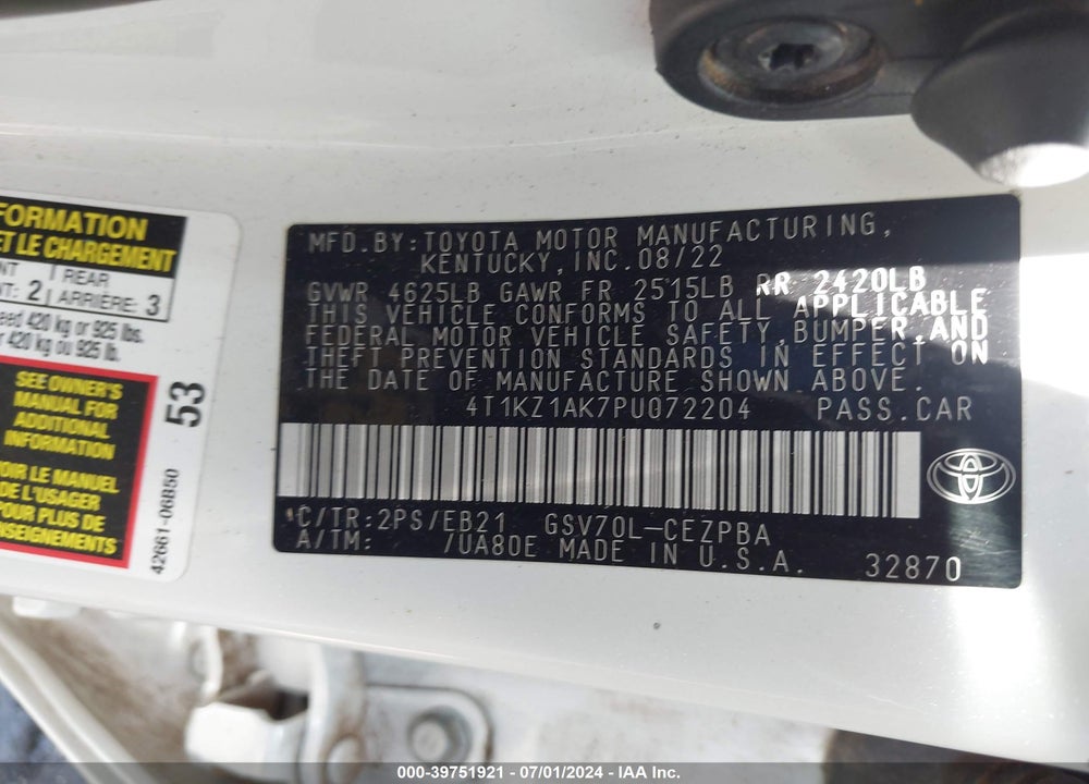 2023 TOYOTA CAMRY TRD VIN: 4T1KZ1AK7PU072204