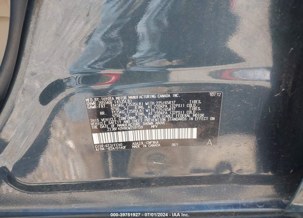 2012 TOYOTA RAV4 VIN: 2T3BF4DV8CW259159