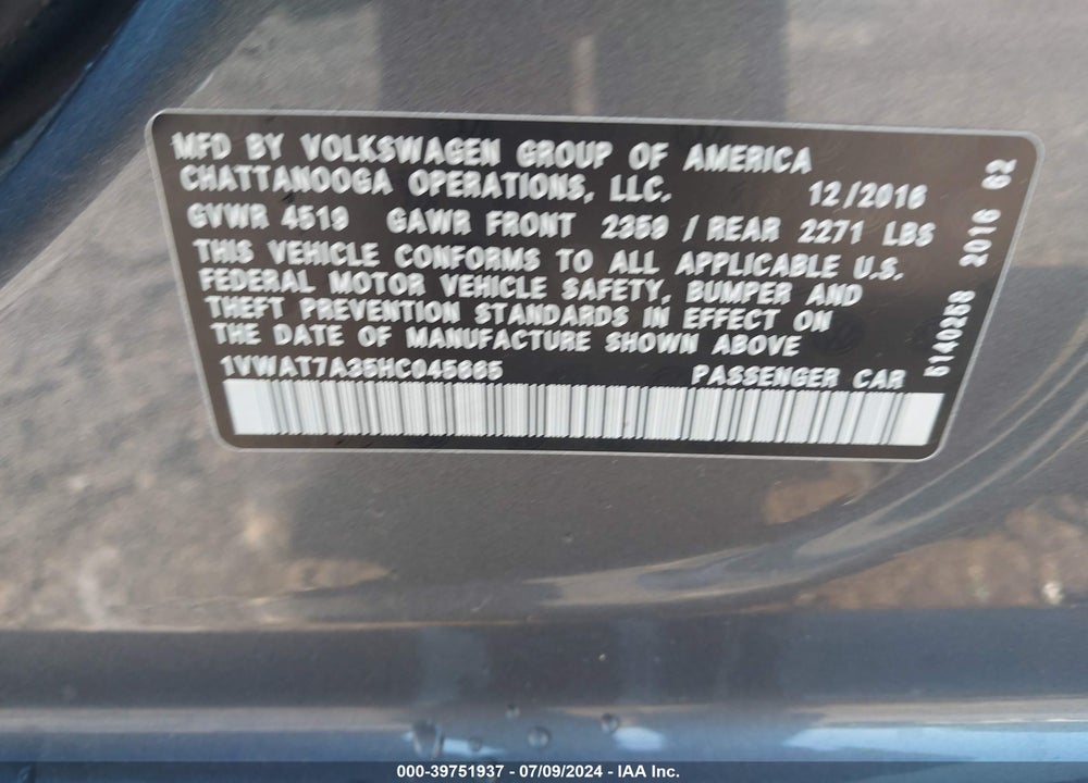 2017 VOLKSWAGEN PASSAT 1.8T S VIN: 1VWAT7A35HC045665