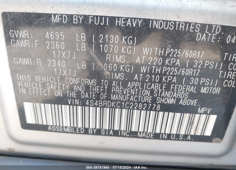 2012 SUBARU OUTBACK 3.6R LIMITED VIN: 4S4BRDKC1C2282778