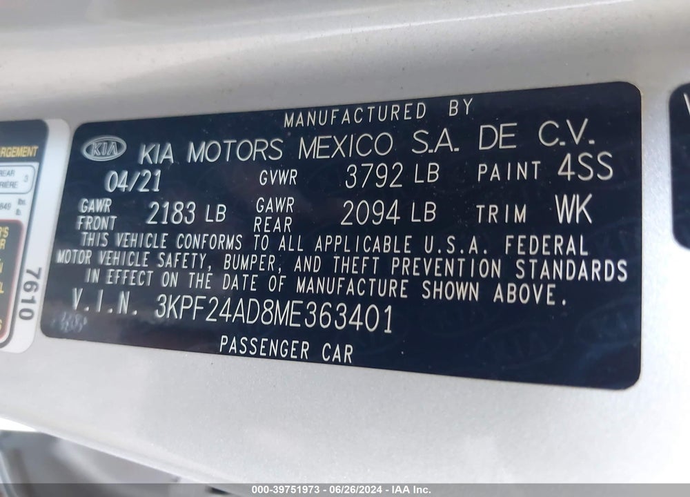 2021 KIA FORTE LXS VIN: 3KPF24AD8ME363401