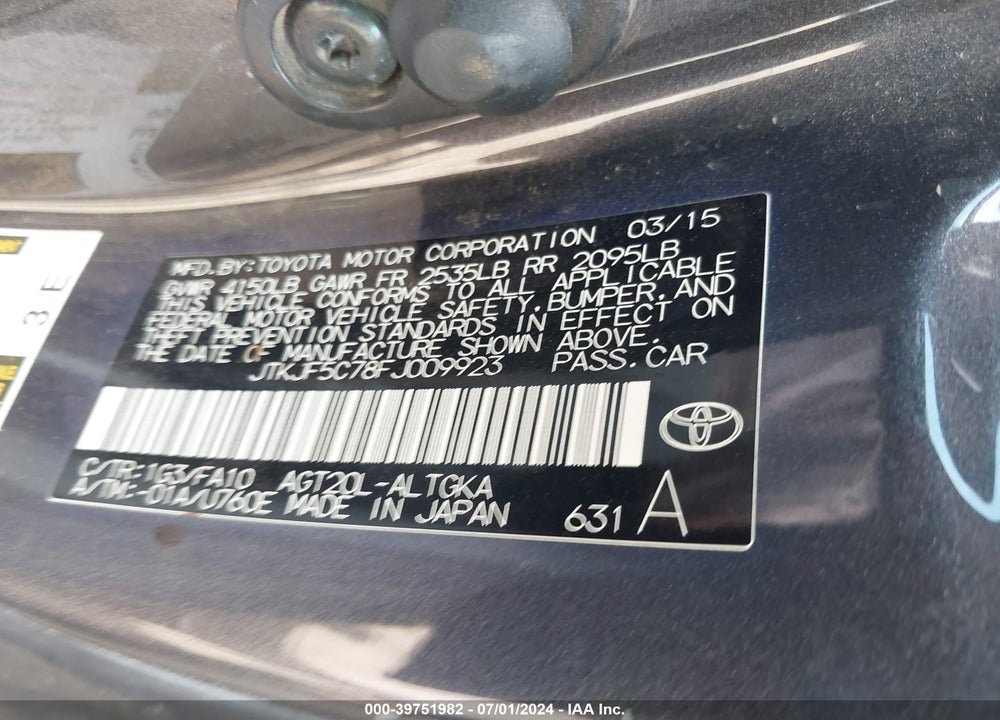 2015 SCION TC VIN: JTKJF5C78FJ009923