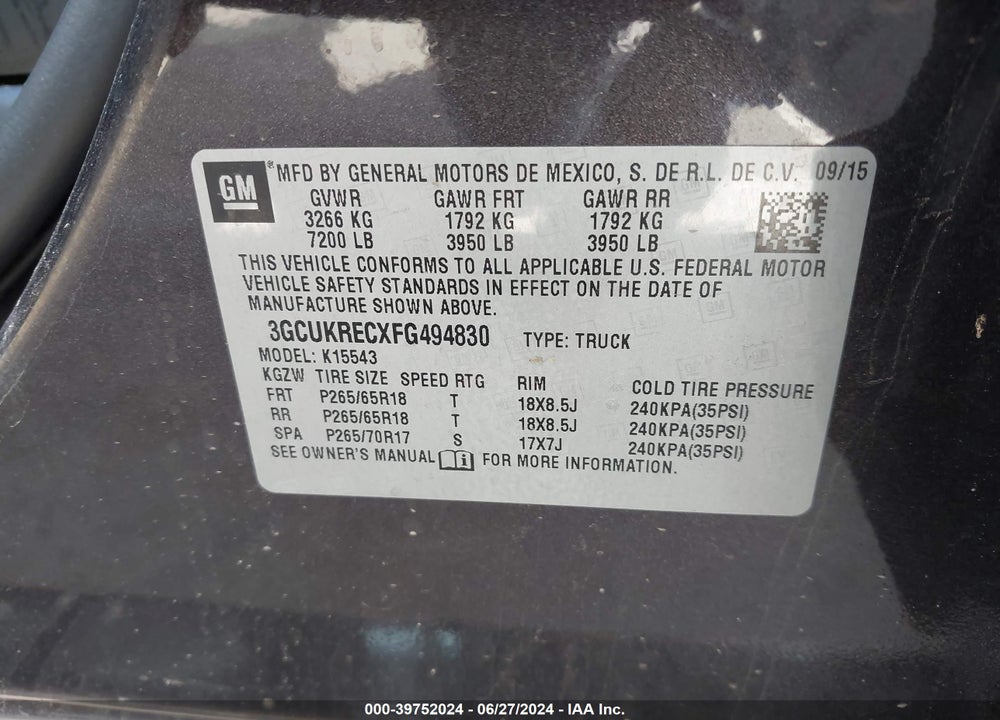2015 CHEVROLET SILVERADO 1500 2LT VIN: 3GCUKRECXFG494830