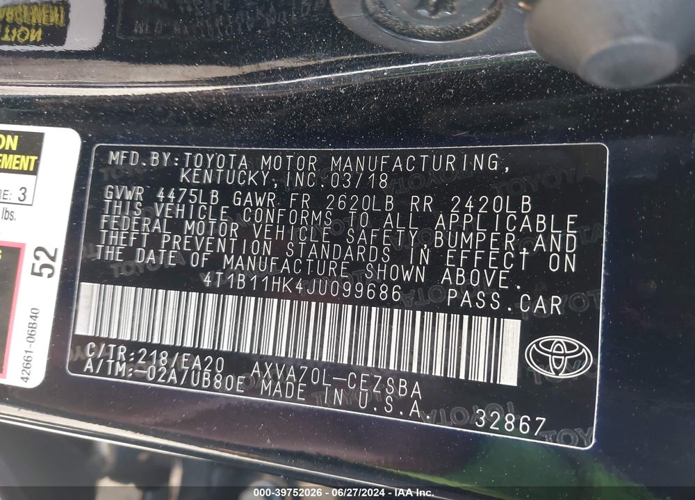 2018 TOYOTA CAMRY SE VIN: 4T1B11HK4JU099686