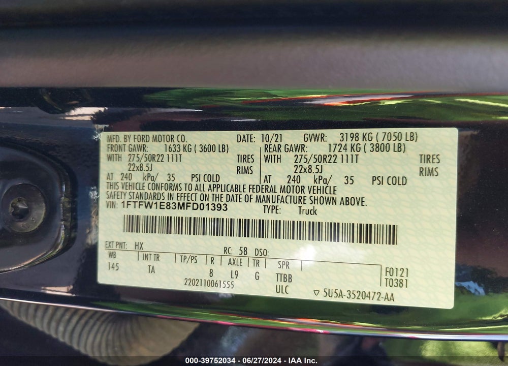 2021 FORD F-150 LIMITED VIN: 1FTFW1E83MFD01393
