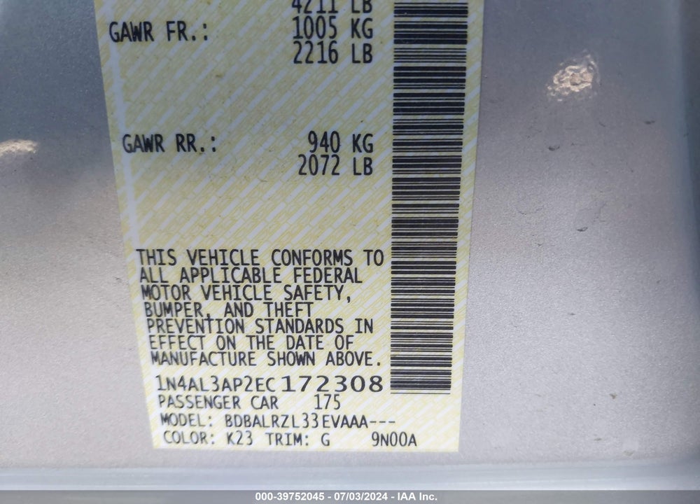 2014 NISSAN ALTIMA 2.5 S VIN: 1N4AL3AP2EC172308