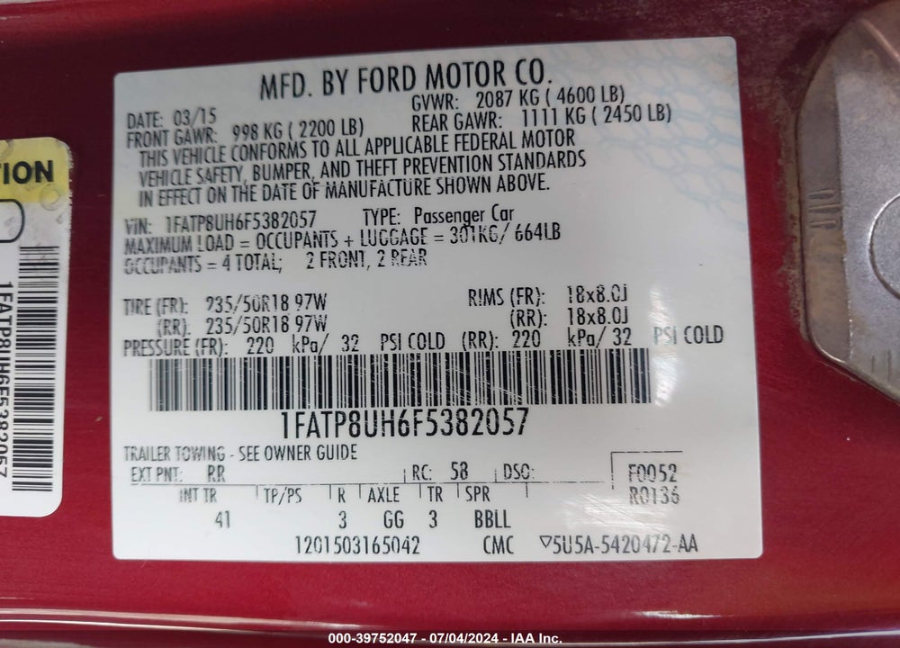 2015 FORD MUSTANG ECOBOOST PREMIUM VIN: 1FATP8UH6F5382057