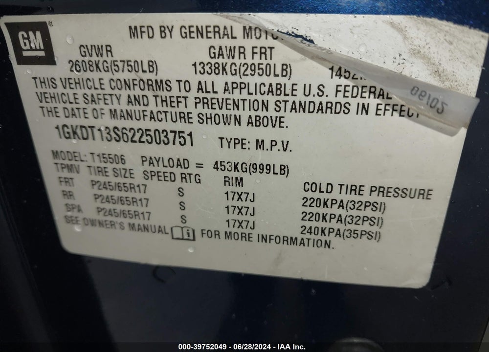 2002 GMC ENVOY SLE VIN: 1GKDT13S622503751