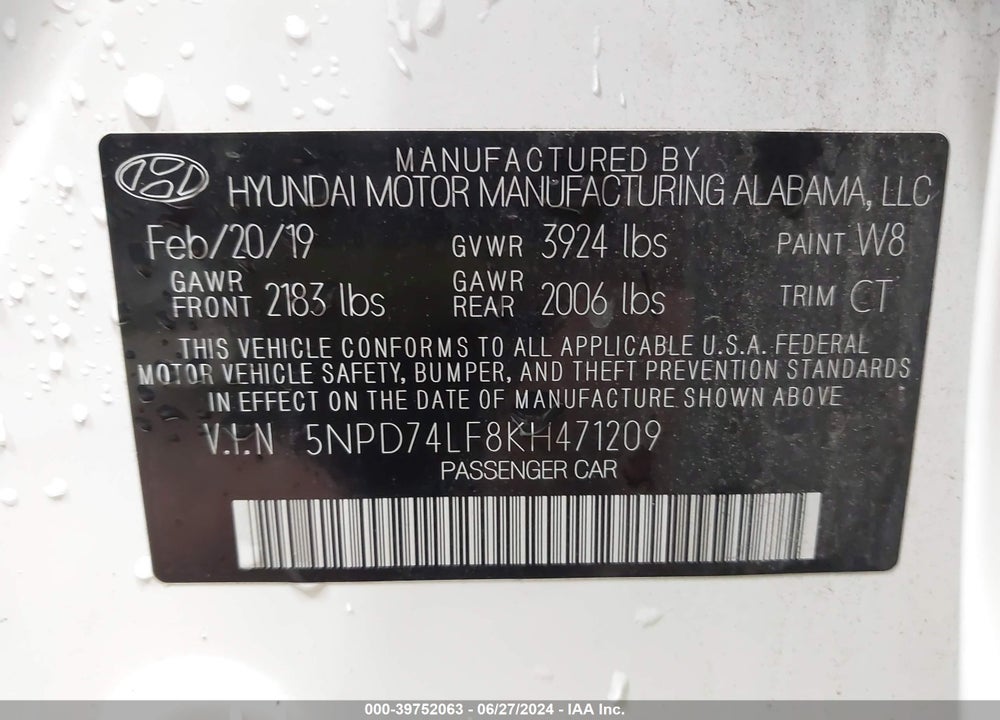 2019 HYUNDAI ELANTRA SE VIN: 5NPD74LF8KH471209