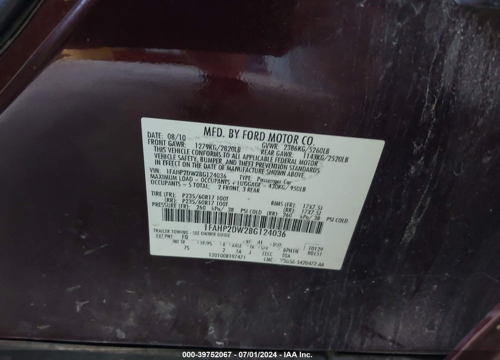 2011 FORD TAURUS SE VIN: 1FAHP2DW2BG124036