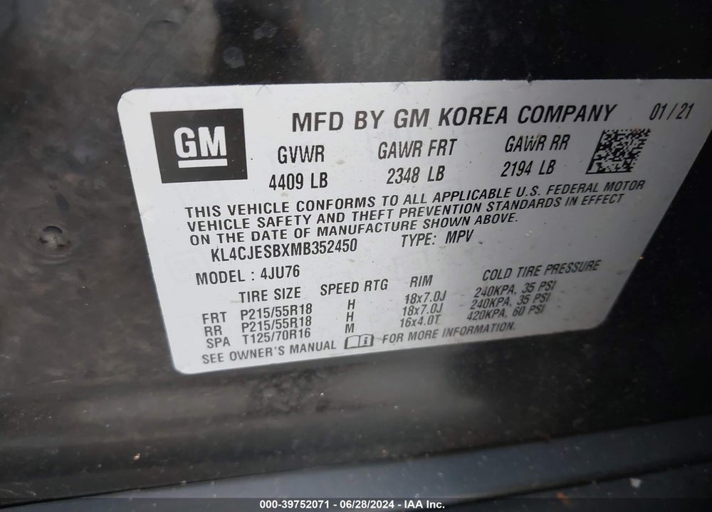 2021 BUICK ENCORE AWD PREFERRED VIN: KL4CJESBXMB352450