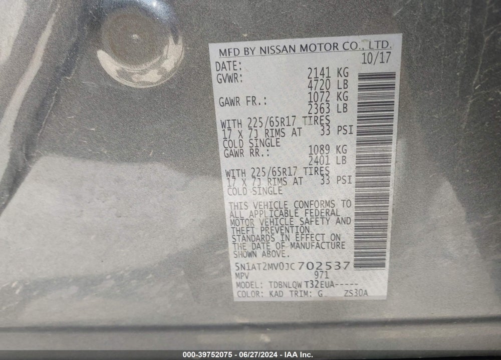 2018 NISSAN ROGUE SV VIN: 5N1AT2MV0JC702537