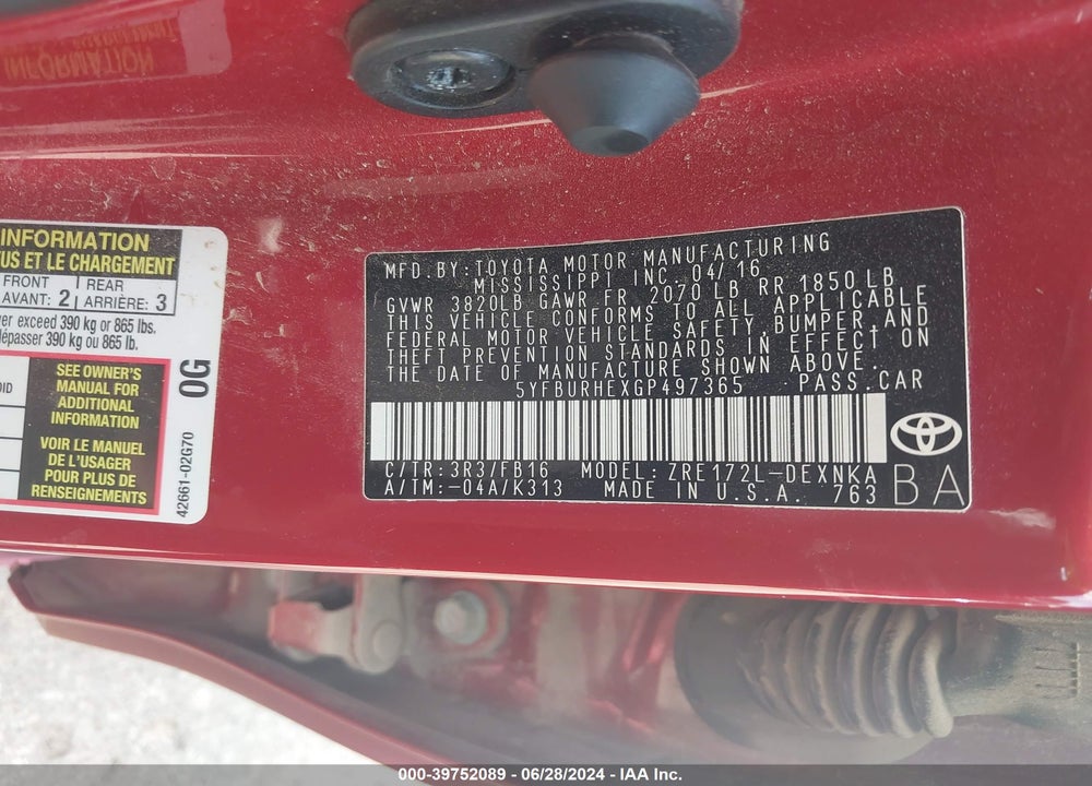 2016 TOYOTA COROLLA LE VIN: 5YFBURHEXGP497365