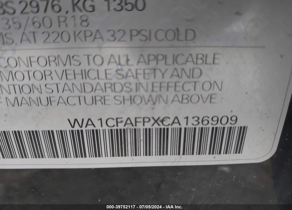 2012 AUDI Q5 2.0T PREMIUM VIN: WA1CFAFPXCA136909