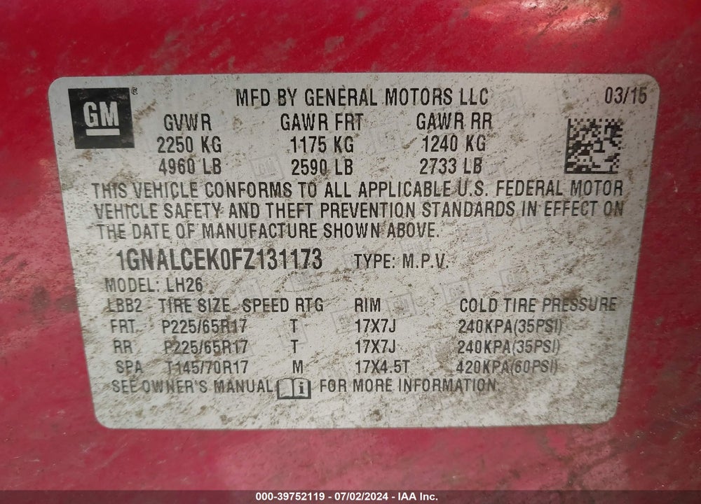 2015 CHEVROLET EQUINOX 2LT VIN: 1GNALCEK0FZ131173