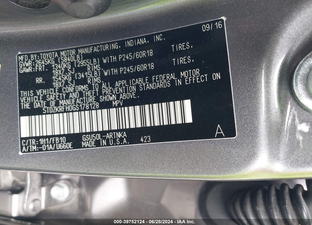 2016 TOYOTA HIGHLANDER LE V6 VIN: 5TDZKRFH0GS178128