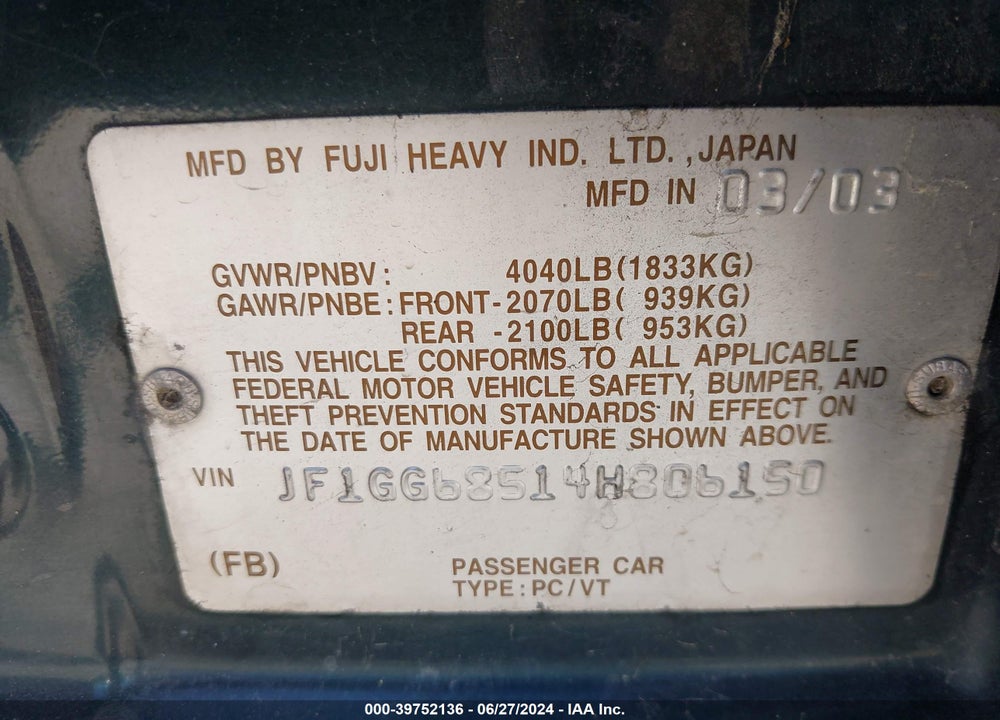 2004 SUBARU IMPREZA OUTBACK SPORT VIN: JF1GG68514H806150
