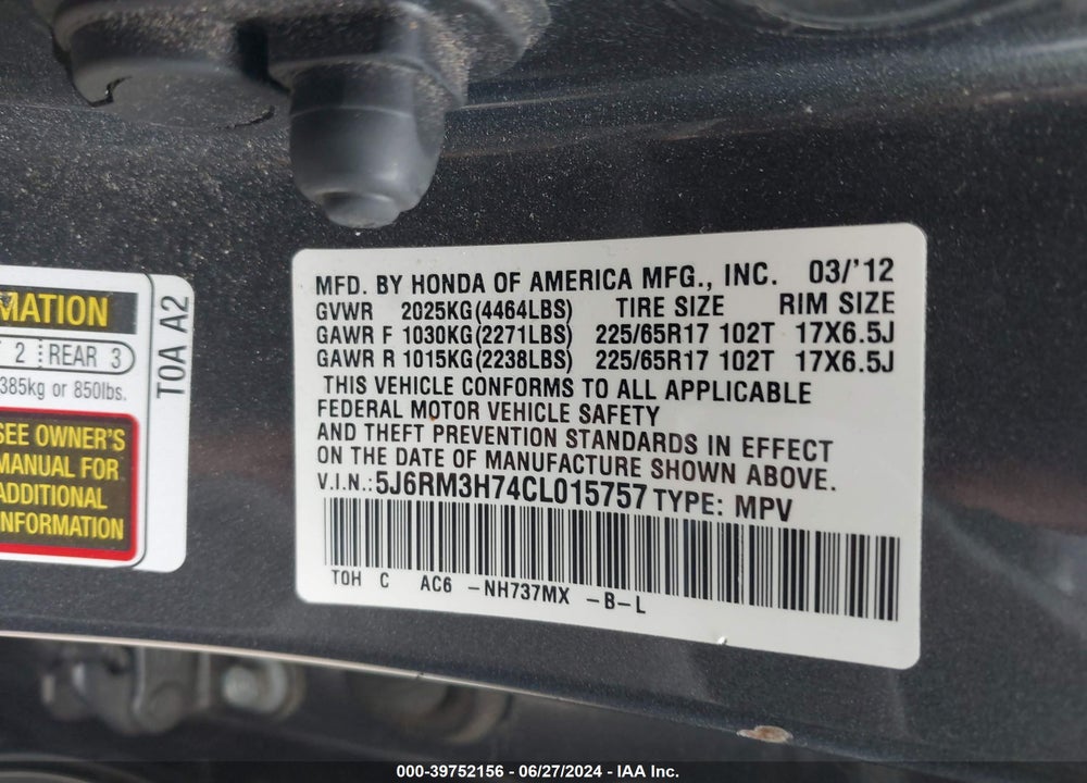2012 HONDA CR-V EX-L VIN: 5J6RM3H74CL015757
