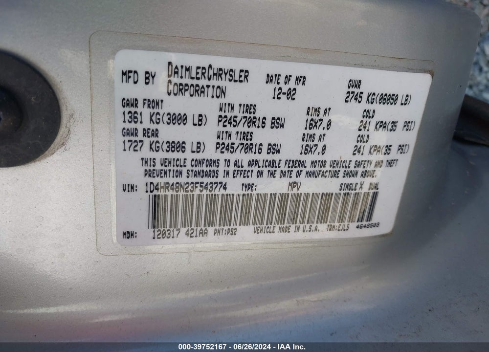 2003 DODGE DURANGO SLT VIN: 1D4HR48N23F543774