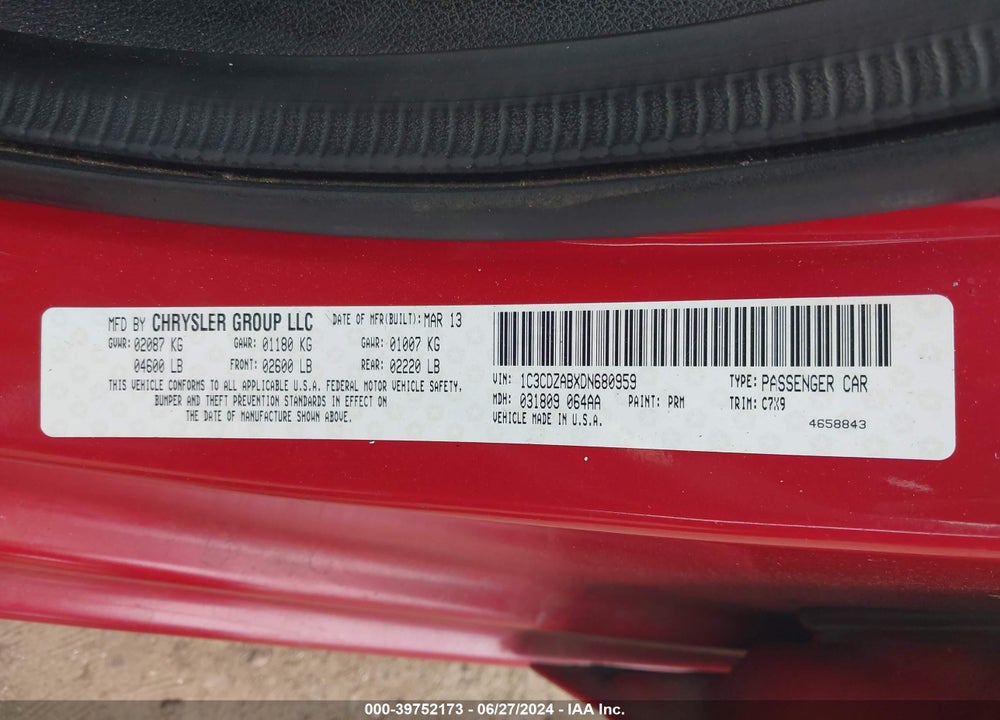 2013 DODGE AVENGER SE VIN: 1C3CDZABXDN680959