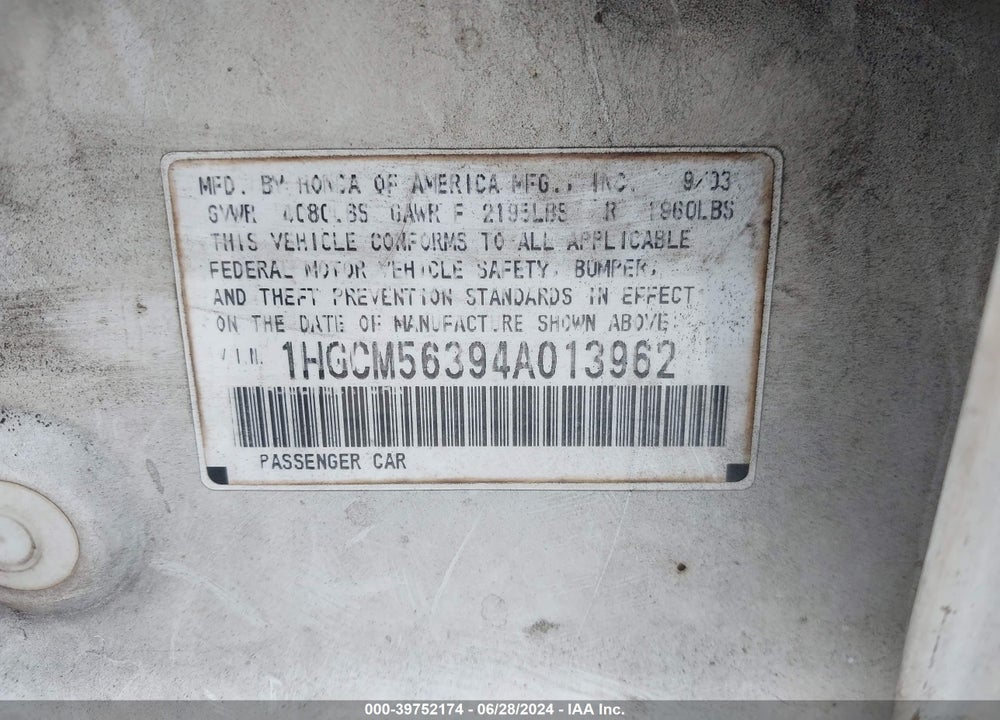 2004 HONDA ACCORD 2.4 LX VIN: 1HGCM56394A013962