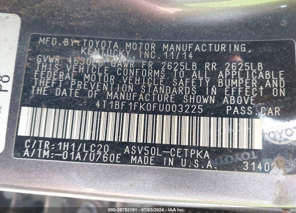 2015 TOYOTA CAMRY VIN: 4T1BF1FK0FU003225