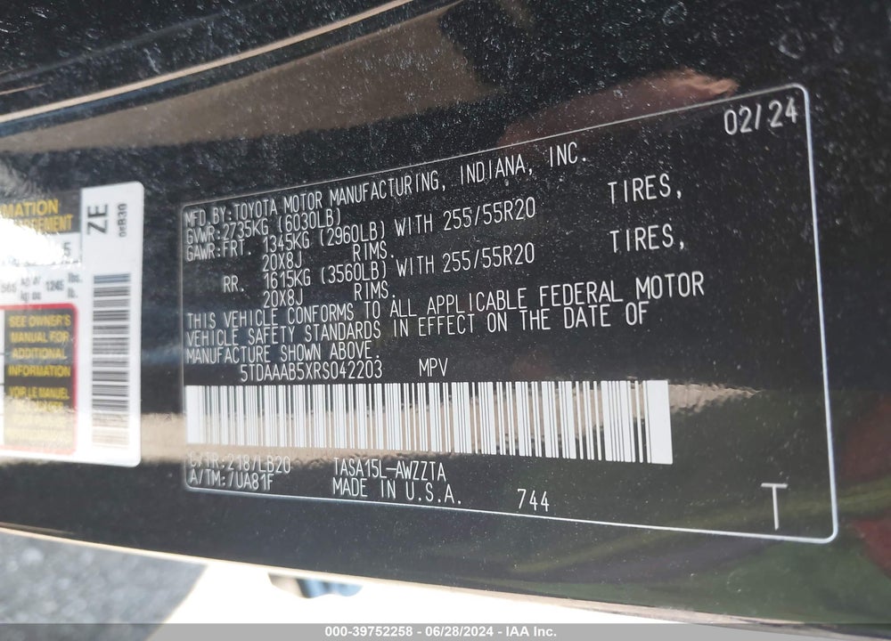2024 TOYOTA GRAND HIGHLANDER PLATINUM VIN: 5TDAAAB5XRS042203