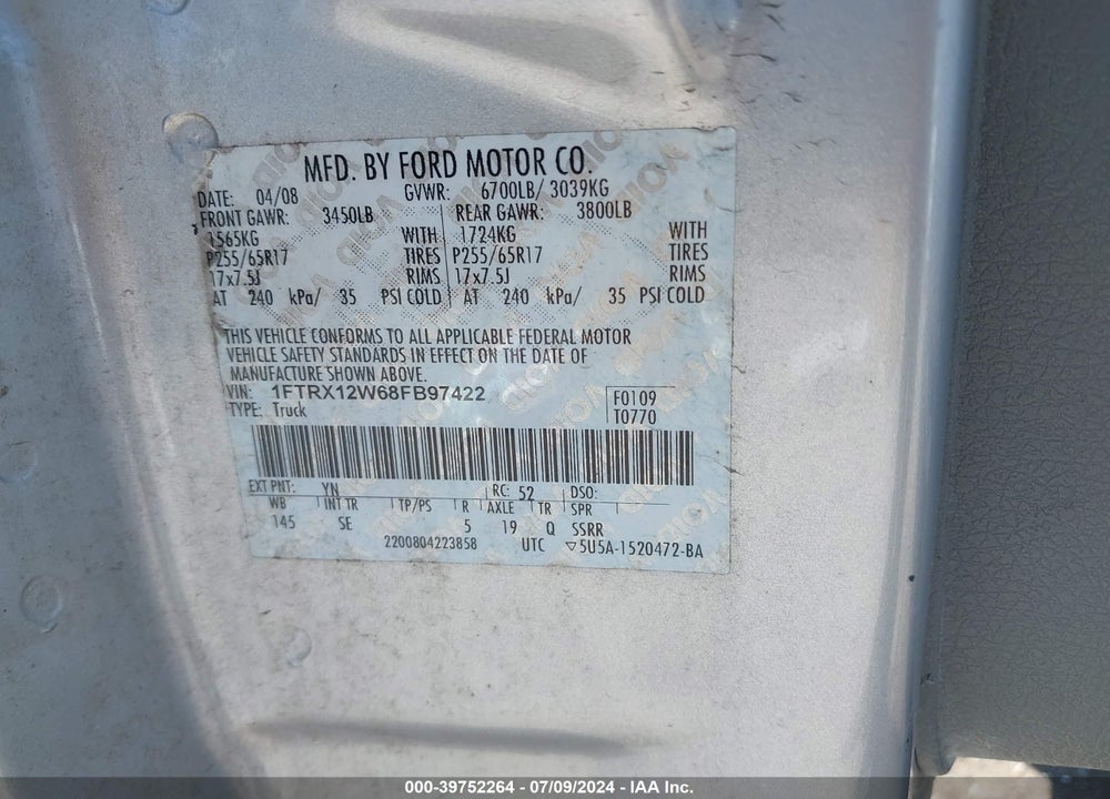 2008 FORD F-150 FX2/STX/XL/XLT VIN: 1FTRX12W68FB97422